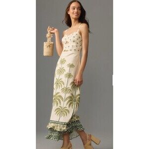 Farm Rio Anthropologie Maxi Dress Sleeveless Ruffle Hem Vacay Preppy Size XL NWT